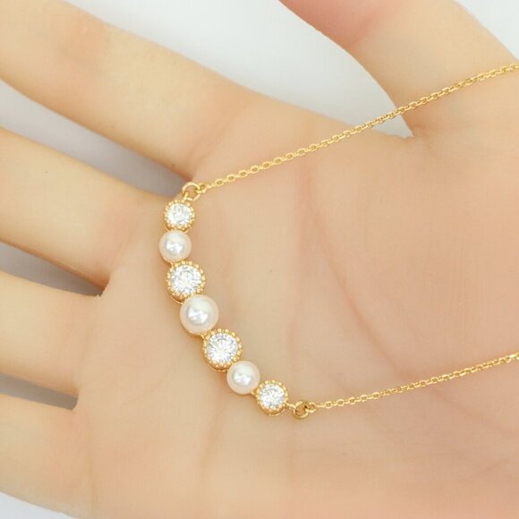 "Rose Gold Necklace with Alternating Pearls and Crystals , XPNL0170 - Picture 8 of 13